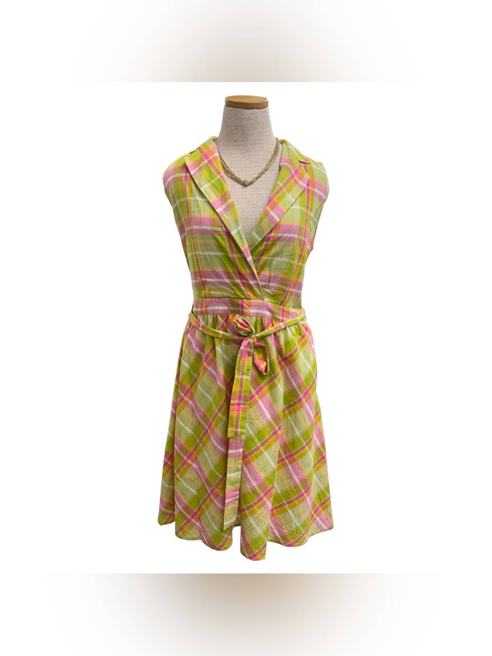 ALFRED SUNG Lime Green & Pink Plaid Sleeveless Wrap Dress Size L